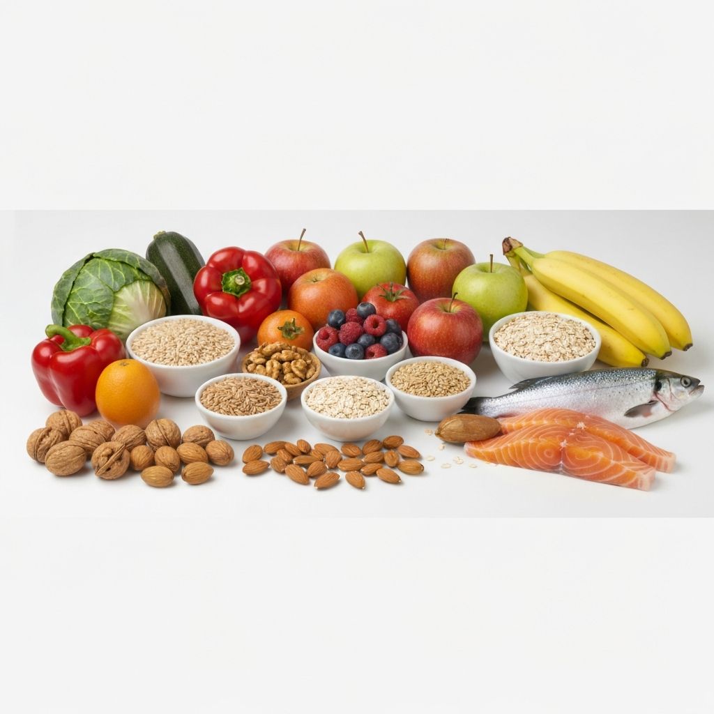 Fresh balanced ingredients including vegetables, fruits, grains, and proteins